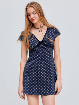 Cider - V Neck Polka Dot Knotted Mini Dress