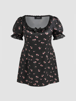 Cider - Square Neck Floral Bowknot Lace Trim Mini Dress Curve & Plus