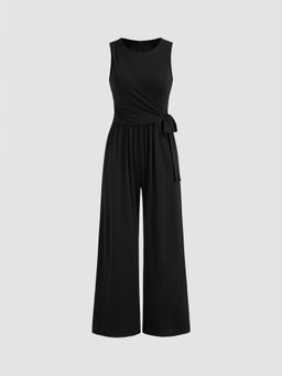 Cider - Jersey Round Neck Knotted Wide Leg Jumpsuit