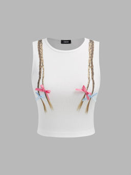 Cider - Round Neck Graphic Plait Print Bowknot Crop Tank Top