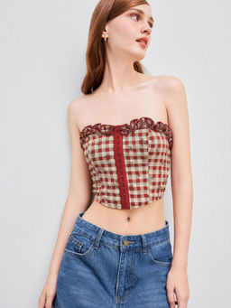 Cider - Woven Floral Check Lettuce Trim Corset Crop Tube Top