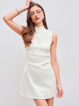 Cider - Woven Stand Collar Solid Ruched Mini Dress