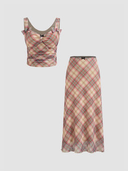 Cider - Mesh V Neck Check Bowknot Ruched Tank Top & High Rise Maxi Skirt (Set of 2)