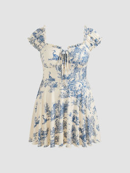 Cider - Square Neck Floral Ruffle Lettuce Trim Mini Dress Curve & Plus