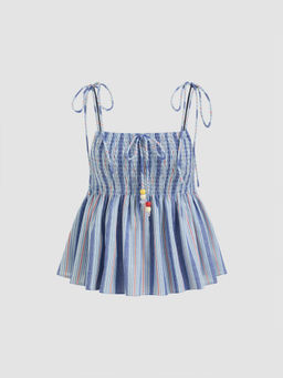 Cider - Square Neck Striped Knotted Beaded Shirred Ruffle Cami Top