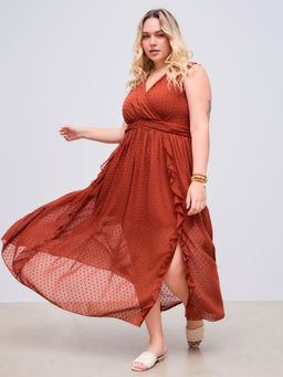 Cider - Woven V Neck Ruffle Hem Split Maxi Dress Curve & Plus