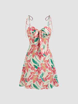 Cider - V Neck Floral Bowknot Mini Dress