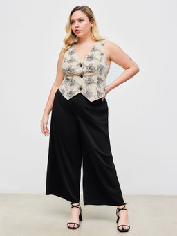 Cider - Floral V Neck Button Vest & Mid Rise Solid Wide Leg Trouser Curve & Plus (Set of 2)
