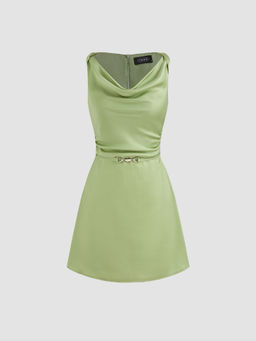 Cider - Woven Cowl Neck Solid Mini Dress with Belt (Set of 2)