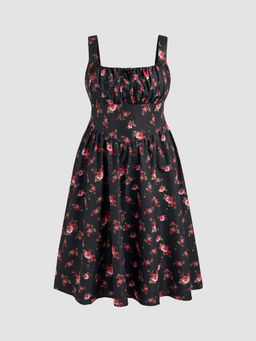 Cider - Woven Square Neck Floral Corset Knotted Ruffle Midi Dress Curve & Plus