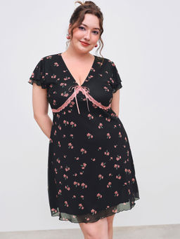 Cider - Mesh V Neck Floral Lace Trim Knotted Mini Dress Curve & Plus