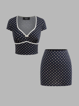Cider - Sweetheart Polka Dot Contrasting Binding Crop Top with Polka Dot Mini Skirt (Set of 2)