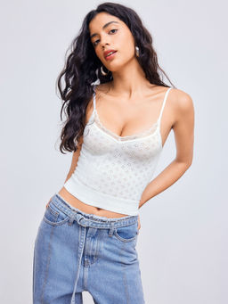 Cider - Knitted Scoop Neckline Lace Crop Cami Top