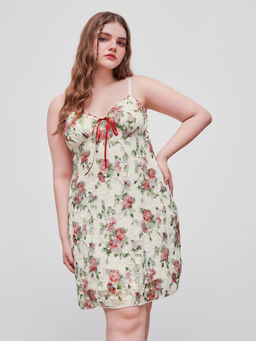 Cider - Lace V Neck Floral Contrasting Stitch Mini Dress Curve & Plus