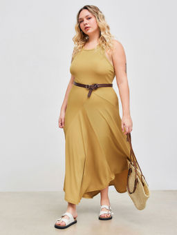 Cider - Round Neckline Solid Asymmetrical Ruffle Sleeveless Maxi Dress Curve & Plus