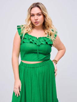 Cider - Woven Square Neck Lettuce Trim Knotted Shirred Crop Top
