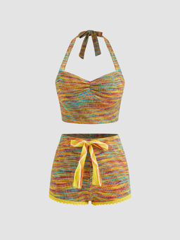 Cider - Halter Rainbow Striped Crop Top & Low Rise Knotted Shorts (Set of 2)