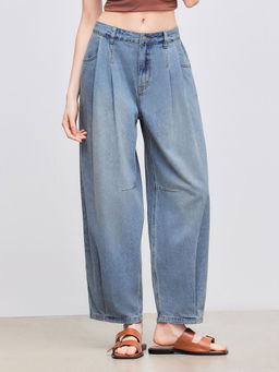 Cider - Denim Mid Rise Solid Pocket Barrel Leg Jeans
