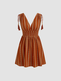 Cider - V Neck Boho Tassel Drawstring Shirred Mini Dress