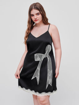 Cider - Satin V Neck Bowknot Contrasting Lace Mini Dress Curve & Plus