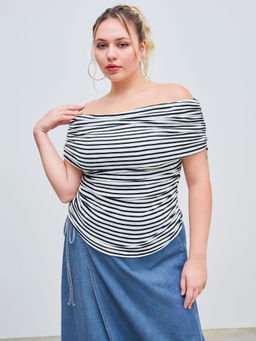 Cider - Cotton Blend Off Shoulder Striped Ruched Top Curve & Plus