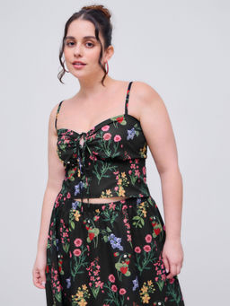 Cider - Woven Sweetheart Floral & Fruit Graphic Knotted Shirred Cami Top Curve & Plus