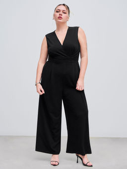 Cider - V Neck Wrap Zipper Wide Leg Jumpsuit Curve & Plus