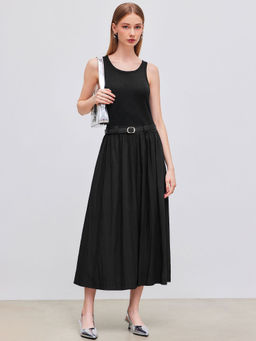 Cider - Round Neckline Solid Ruffle Pocket Maxi Dress with Belt (Set of 2)
