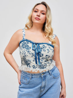 Cider - Woven Square Neck Floral Knotted Lace Trim Shirred Tank Top Curve & Plus