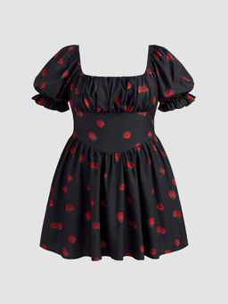 Cider - Woven Square Neck Strawberry Graphic Puff Sleeve Ruffle Mini Dress Curve & Plus