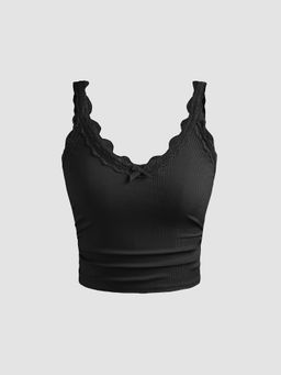 Cider - V Neck Bowknot Lace Cami Crop Top