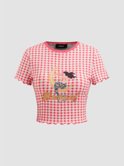 Cider - Cotton Blend Round Neckline Gingham Mermaid Graphic Crop Short Sleeve Tee