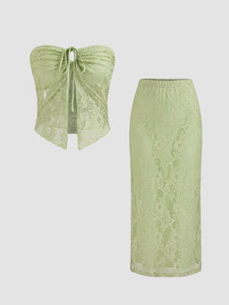 Cider - Lace O Ring Crop Tube Top with Lace Mid Rise Floral Maxi Skirt (Set of 2)