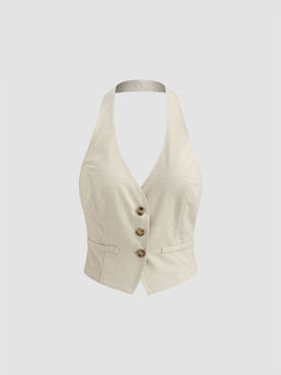 Cider - Linen Blend Halter Solid Button Belted Vest