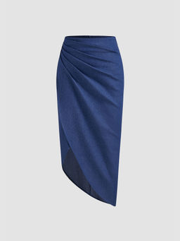 Cider - High Stretch Denim Mid Rise Solid Ruched Asymmetrical Hem Maxi Skirt