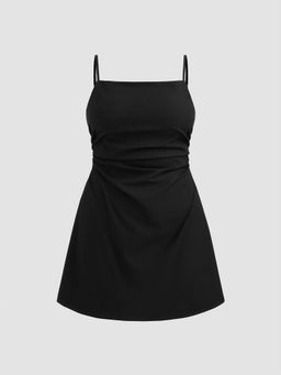 Cider - Linen Cotton Solid Ruched Zipper Mini Dress Curve & Plus