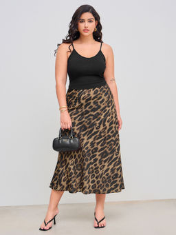 Cider - Scoop Neckline Crop Cami Top & Mid Rise Leopard Maxi Skirt Curve & Plus (Set of 2)