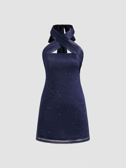 Cider - Halter Neckline Solid Glitter Mini Dress