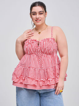 Cider - Square Neck Gingham Ruffle Tiered Knotted Blouse Top Curve & Plus