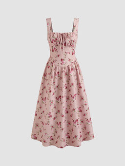 Cider - Square Neck Floral Knotted Midi Dress