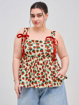 Cider - Square Neck Strawberry Graphic Knotted Shirred Ruffle Tank Top Curve & Plus