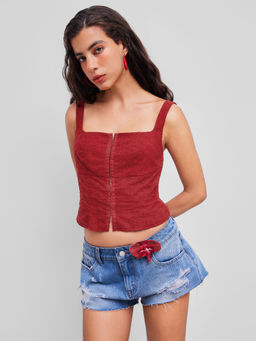 Cider - Broderie Anglaise Cotton Square Neck Solid Crop Tank Top