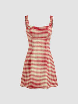 Cider - Square Neck Gingham Zipper Mini Dress