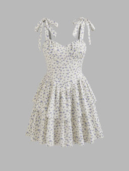 Cider - Sweetheart Neckline Floral Knotted Layered Mini Dress
