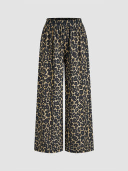 Cider - Mid Rise Elastic Waist Leopard Wide Leg Trouser