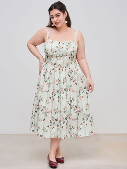 Cider - Square Neck Floral Lace Trim Shirred Maxi Dress Curve & Plus