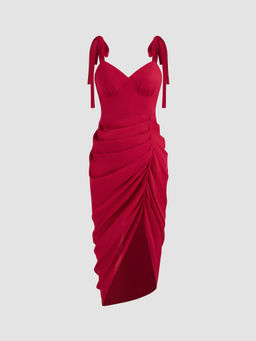 Cider - Chiffon V Neck Solid Knotted Ruched Zipper Midi Dress ()
