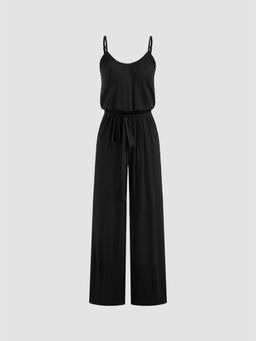 Cider - V Neck Solid Knotted Wide Leg Jumpsuit