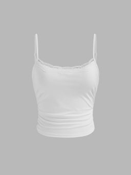 Cider - Scoop Neckline Solid Lace Trim Ruched Crop Cami Top