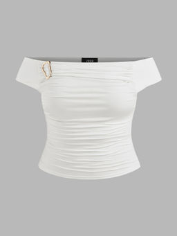 Cider - Off Shoulder Solid Ruched Buckle Short Sleeve Top Curve & Plus